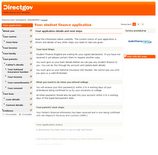 Screenshot from the older online application for student finance, showing students 'next steps'